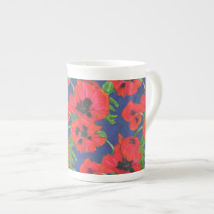 Scarlet Oriental Poppies Pattern on Blue Bone China Mug