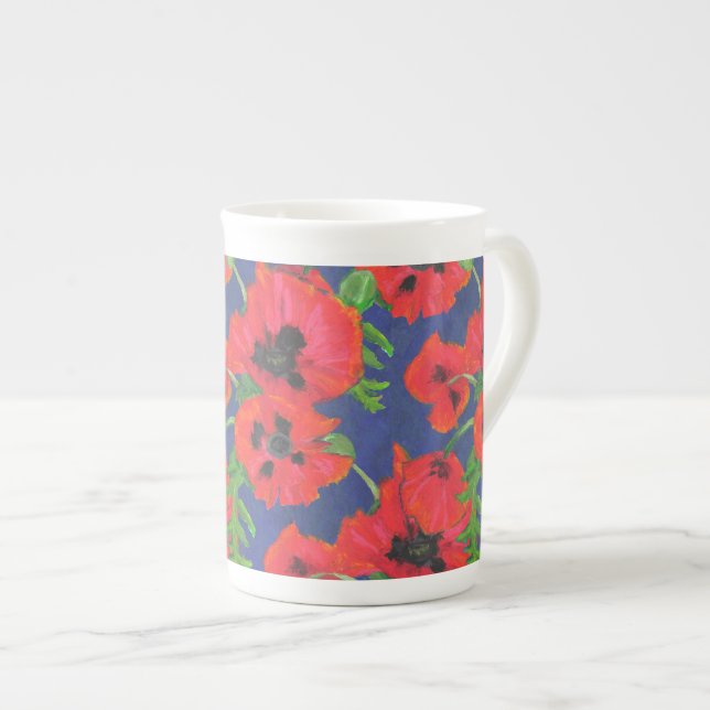 Scarlet Oriental Poppies Pattern on Blue Bone China Mug (Front Right)