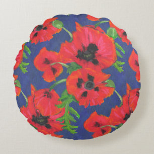 Scarlet Oriental Poppies Pattern on Blue Round Cushion
