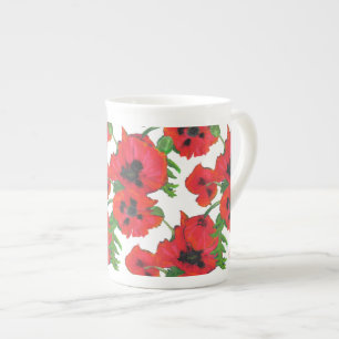Scarlet Oriental Poppies Pattern on White Bone China Mug
