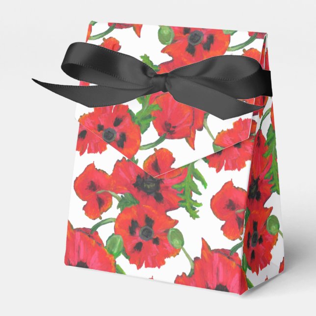 Scarlet Oriental Poppies Pattern on White Favour Box (Front Side)