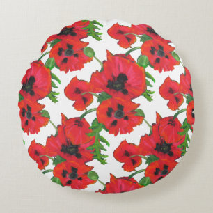 Scarlet Oriental Poppies Pattern on White Round Cushion