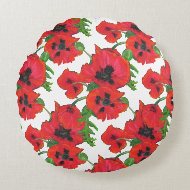 Scarlet Oriental Poppies Pattern on White Round Cushion (Front)