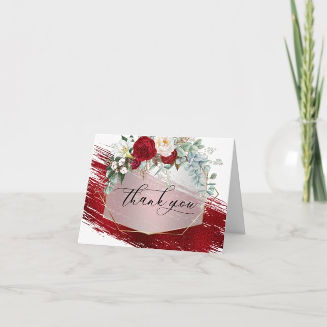 Scarlet Paint Stroke Red Ivory Peonies Thank You Card (Front)