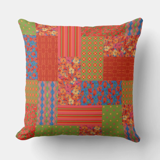Scarlet Poppies, Green Patterns, Faux-patchwork Cushion (Front)