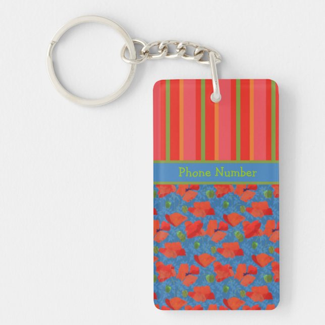 Scarlet Poppies, Stripes: Chic Oblong Keychain (Front)