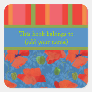 Scarlet Poppies, Stripes Sheet of 20 Bookplates Square Sticker