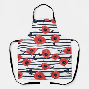 Scarlet Poppy Navy Stripe Modern Botanical Apron