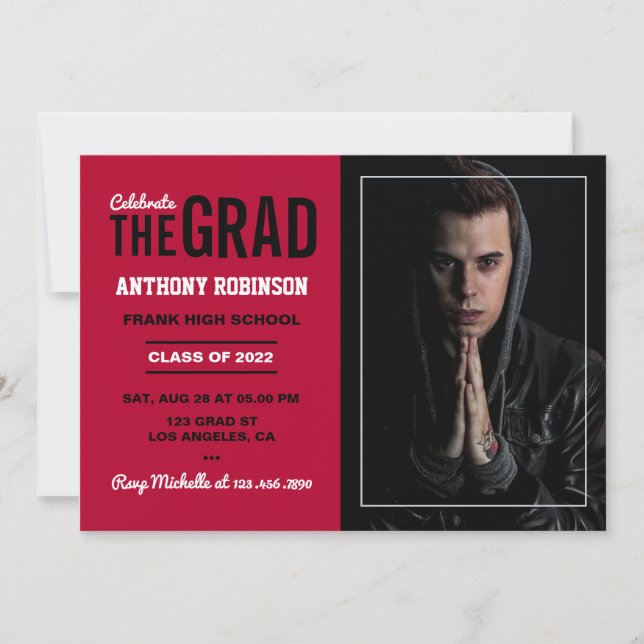Scarlet Red and Black Graduation Party Photo Invitation (Front)