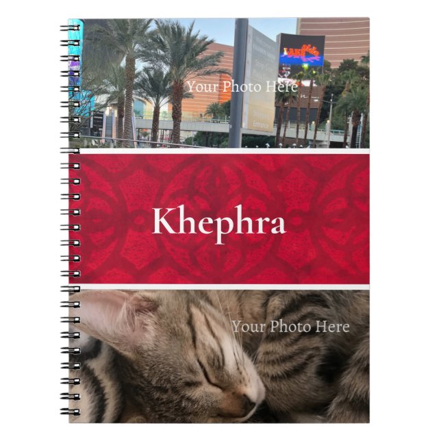 Scarlet Red Batik Photo Collage, Border, Name Notebook (Front)