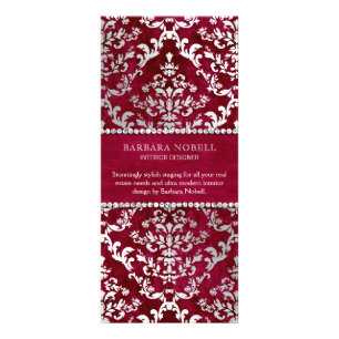 Scarlet Red Glimmer Damask Silver Rack Card