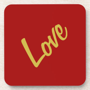 Scarlet Red Gold Colours Love Wedding Calligraphy Coaster