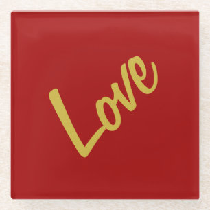 Scarlet Red Gold Colours Love Wedding Calligraphy Glass Coaster