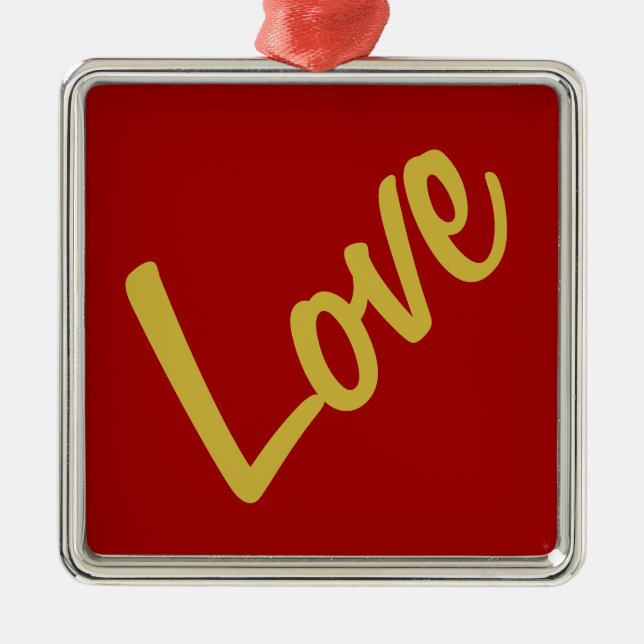 Scarlet Red Gold Colours Love Wedding Calligraphy Metal Ornament (Front)