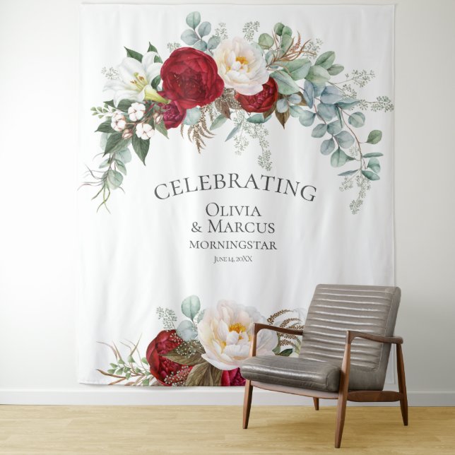 Scarlet Red Ivory Peony Eucalyptus Wedding Prop Tapestry (In Situ)