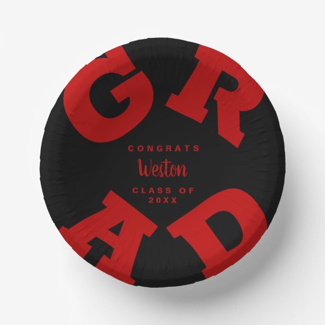 Scarlet Red on Black Custom Graduation Paper Plate (Front)