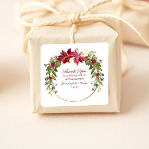 Scarlet Red Poinsettia Floral Thank You Favour Square Sticker