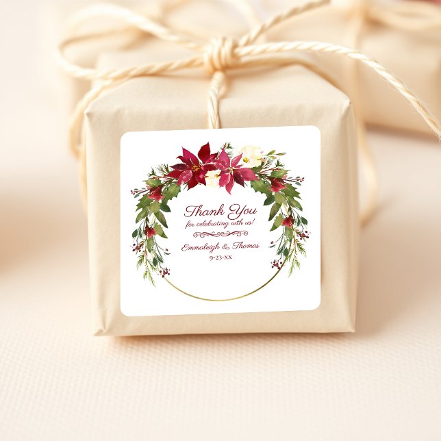 Scarlet Red Poinsettia Floral Thank You Favour Square Sticker (Creator Uploaded)