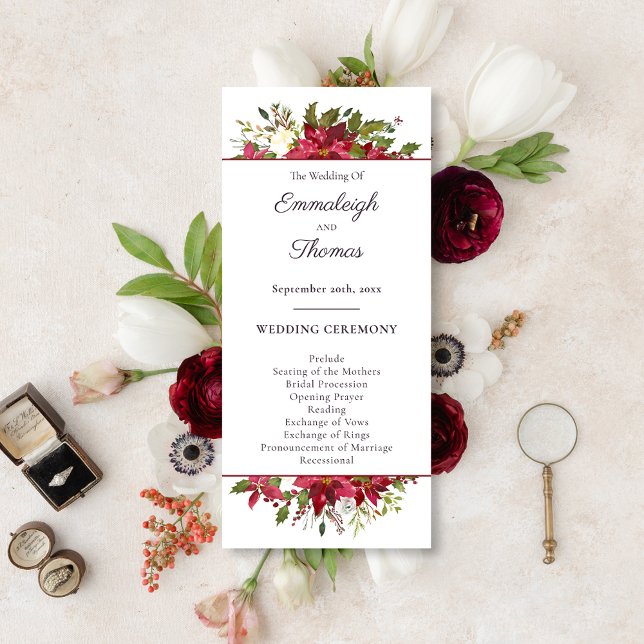 Scarlet Red Poinsettia Floral Wedding Program (Creator Uploaded)