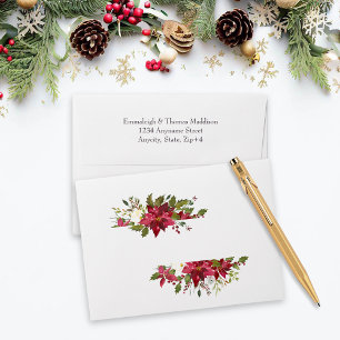 Scarlet Red Poinsettia Floral Wedding White Envelope