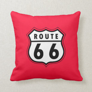 Scarlet Red Route 66 road sign Cushion
