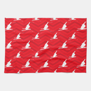Scarlet Red, White, Chevron, Snow Ski Tea Towel