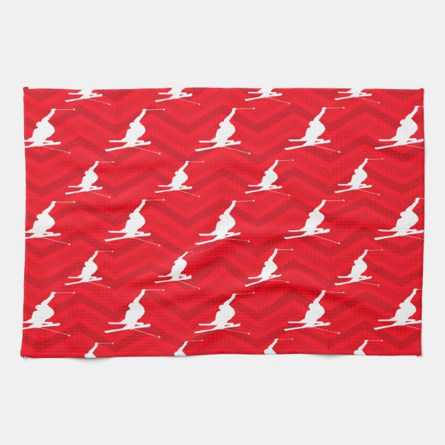 Scarlet Red, White, Chevron, Snow Ski Tea Towel (Horizontal)