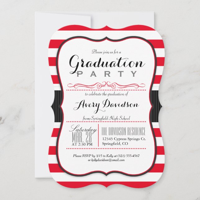 Scarlet Red & White Stripes Graduation Party Invitation (Front)