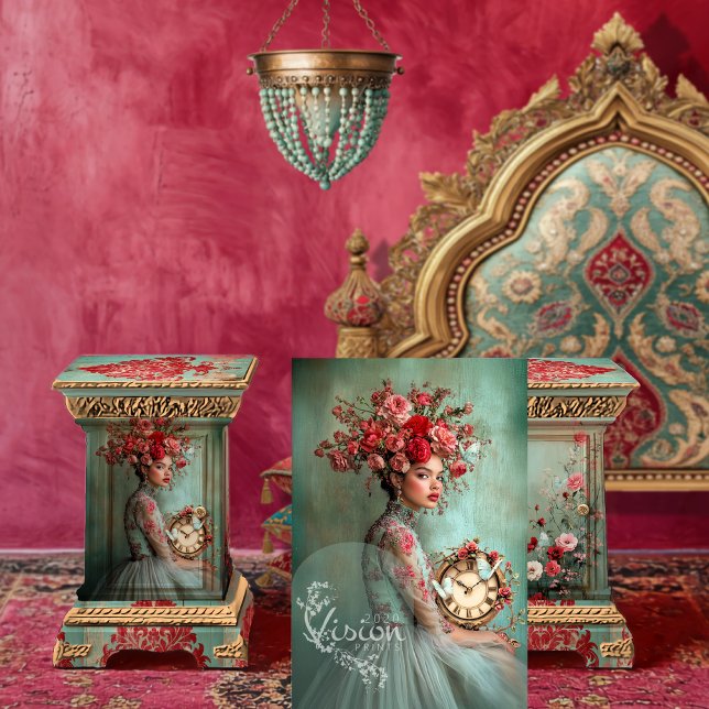 Scarlet Rose Portrait Butterflies Clock Floral Tissue Paper (Scarlet Rose, Flower adorned woman, Vintage clock & butterflies decoupage tissue Paper)