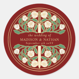 Scarlet Royal Mediaeval Gold Floral Sword Wedding Classic Round Sticker