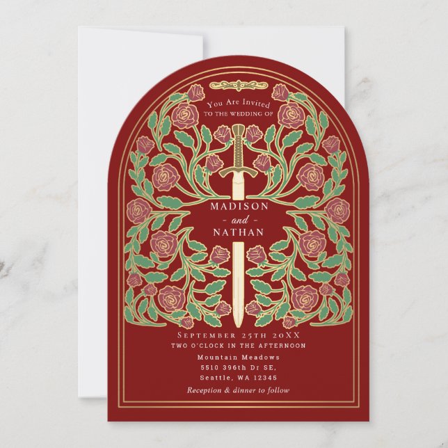 Scarlet Royal Mediaeval Sword Wedding Arch Invitation (Front)
