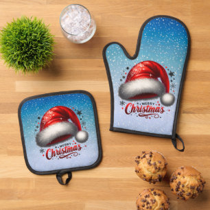 Scarlet Santa Hat Glow Oven Mitt & Pot Holder Set