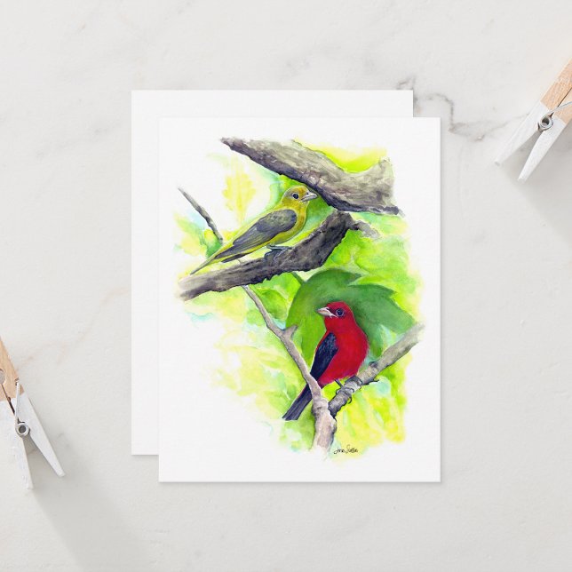 Scarlet Tanager Couple Note Card (Scarlet Tanager Couple In Tree Watercolor Blank Note Cards from Jenn Steffen Art)