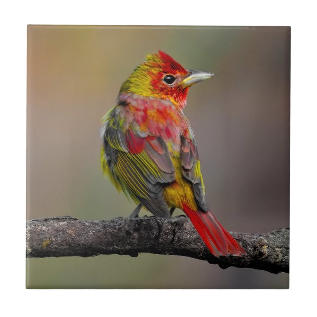 Scarlet Tanager Molting - Original Photograph Ceramic Tile (Front)