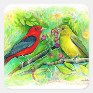 Scarlet Tanagers Bird Art Square Sticker