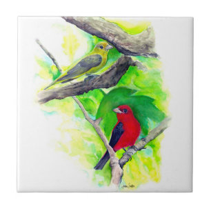 Scarlet Tanagers Birds Watercolor Painting Ceramic Tile