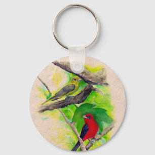 Scarlet Tanagers Birds Watercolor Painting Key Ring