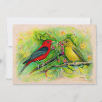 Scarlet Tanagers Watercolor Coloured Pencil Art
