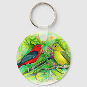  Scarlet Tanagers Watercolor Coloured Pencil Drawi Key Ring