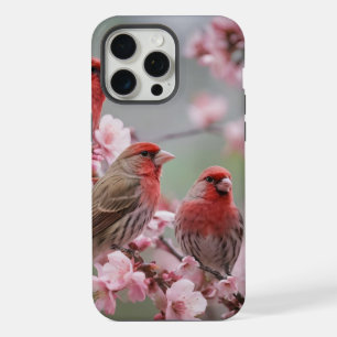 "Scarlet Trio: Red Finches Among Pink Blossoms" iPhone 15 Pro Max Case
