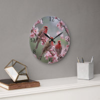 "Scarlet Trio: Red Finches Among Pink Blossoms"