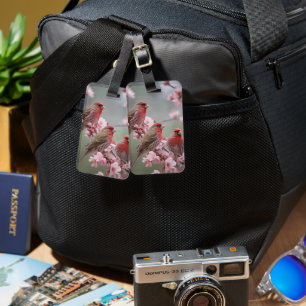 "Scarlet Trio: Red Finches Among Pink Blossoms" Luggage Tag