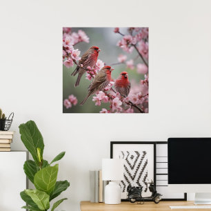 "Scarlet Trio: Red Finches Among Pink Blossoms" Poster