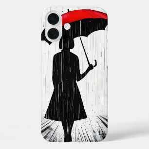 "Scarlet Umbrella" Rain Silhouette Art iPhone 16 Plus Case