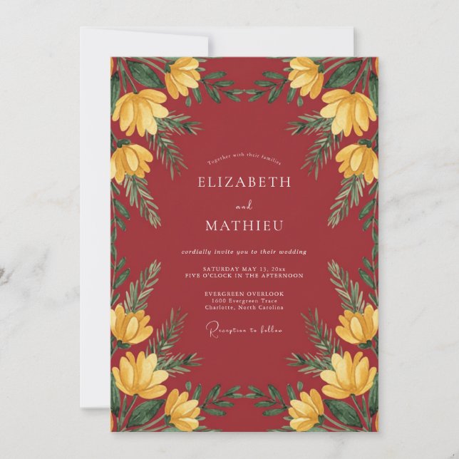 Scarlet Yellow Botanical Wedding Invitation (Front)