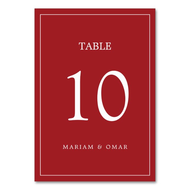 Scarlett Red Minimalist Script with Border Wedding Table Number (Front)