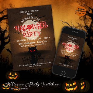Scarry Black Cat, Bats & Full Moon Halloween Party Invitation