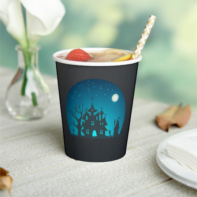 Scary and Fun Blue and Black Haunted House Paper Cups (Insitu)