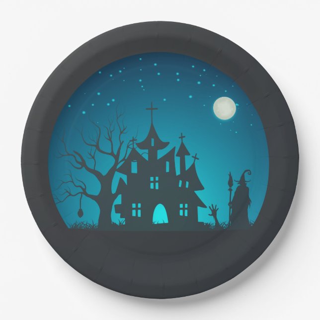 Scary and Fun Blue and Black Haunted House Paper Plate (Front)