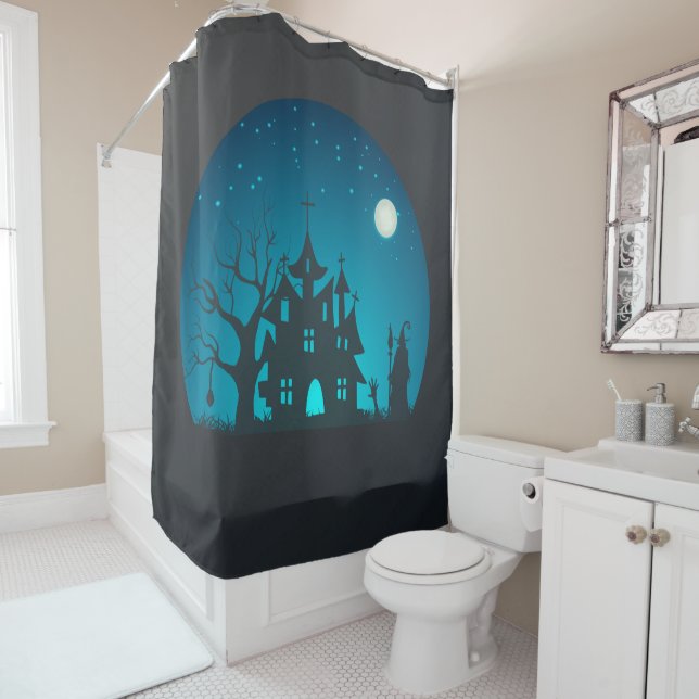 Scary and Fun Blue and Black Haunted House Shower Curtain (In Situ)